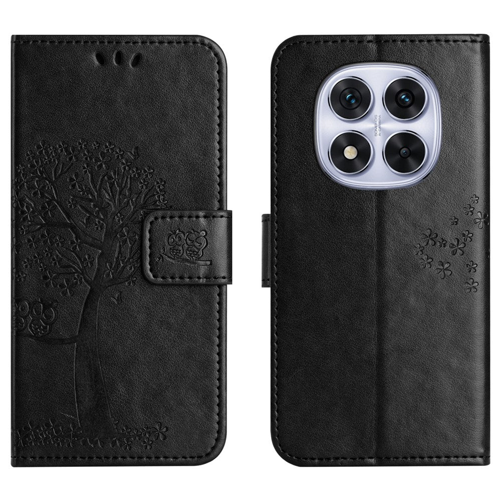 For Xiaomi Redmi Note 15 Pro 5G (Global) Case PU Leather Owl Tree Imprinted Wallet Phone Cover with Strap - Black