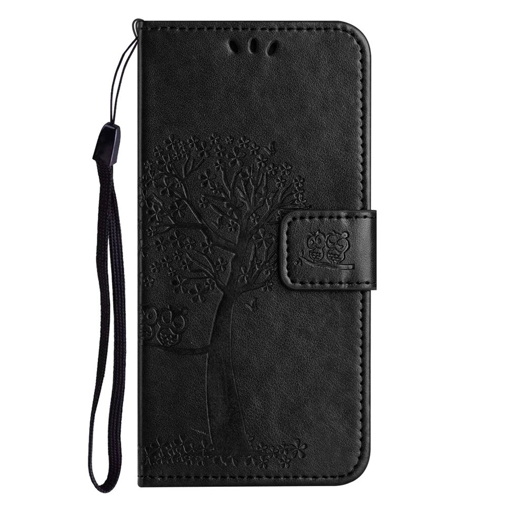 For Xiaomi Redmi Note 15 Pro 5G (Global) Case PU Leather Owl Tree Imprinted Wallet Phone Cover with Strap - Black