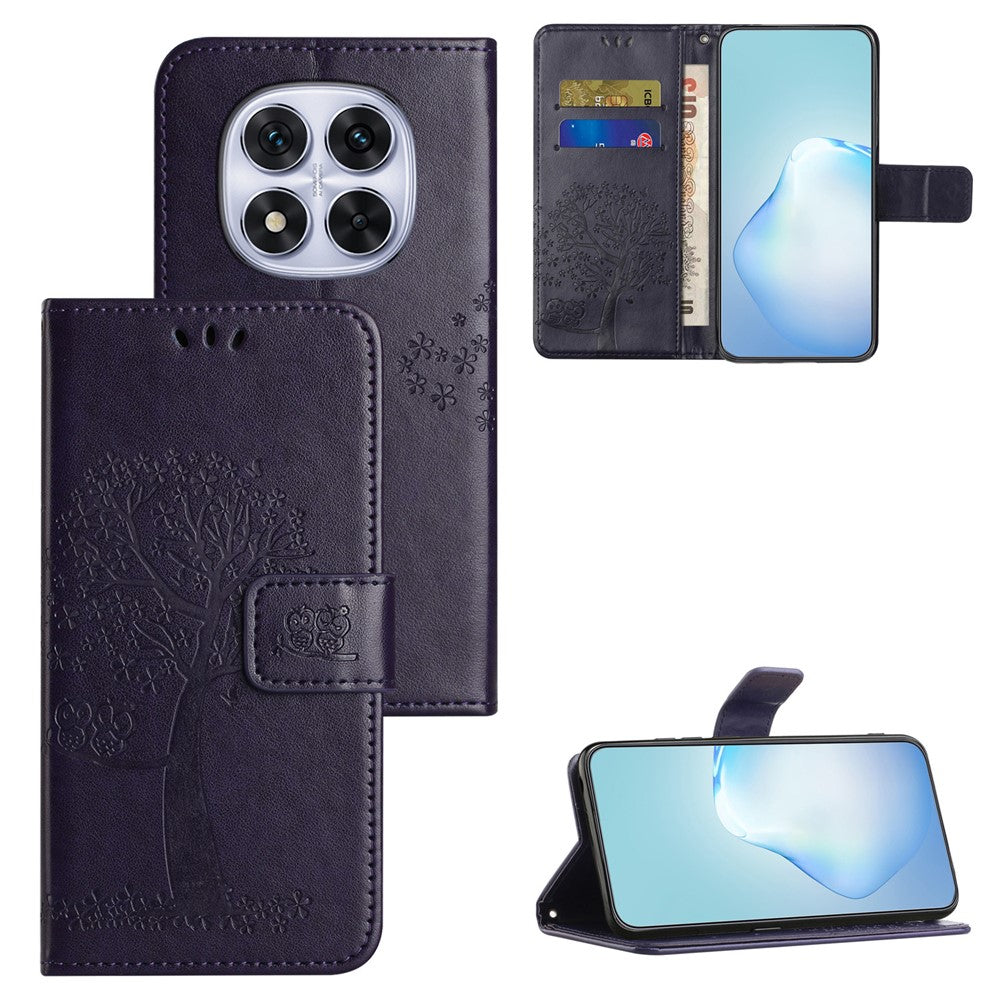 For Xiaomi Redmi Note 15 Pro 5G (Global) Case PU Leather Owl Tree Imprinted Wallet Phone Cover with Strap - Dark Blue