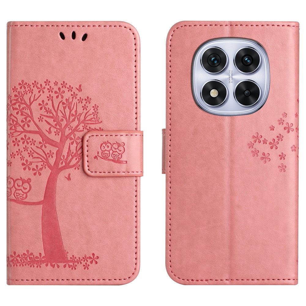 For Xiaomi Poco M8 Pro 5G / Redmi Note 15 Pro+ 5G (Global) Case PU Leather Owl Tree Imprinted Wallet Phone Cover with Strap - Pink