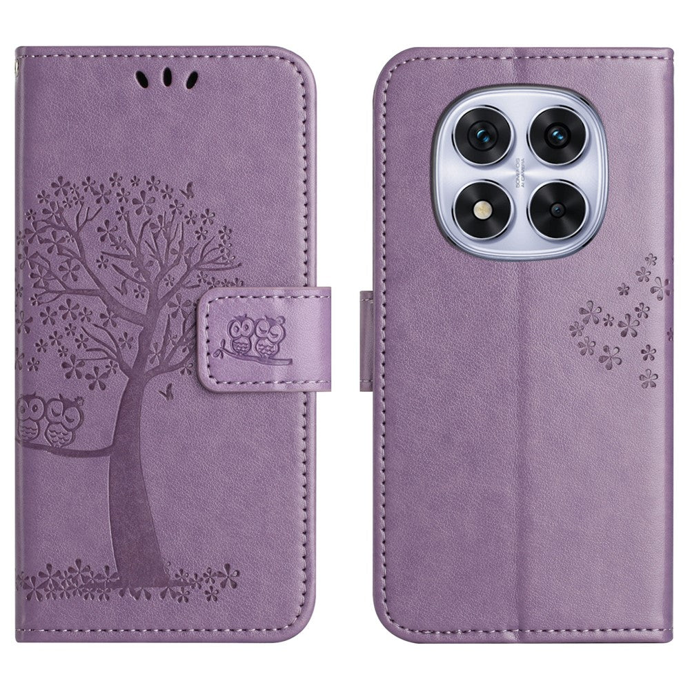 For Xiaomi Poco M8 Pro 5G / Redmi Note 15 Pro+ 5G (Global) Case PU Leather Owl Tree Imprinted Wallet Phone Cover with Strap - Purple