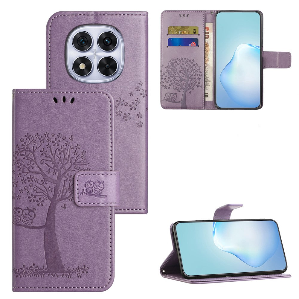 For Xiaomi Poco M8 Pro 5G / Redmi Note 15 Pro+ 5G (Global) Case PU Leather Owl Tree Imprinted Wallet Phone Cover with Strap - Purple