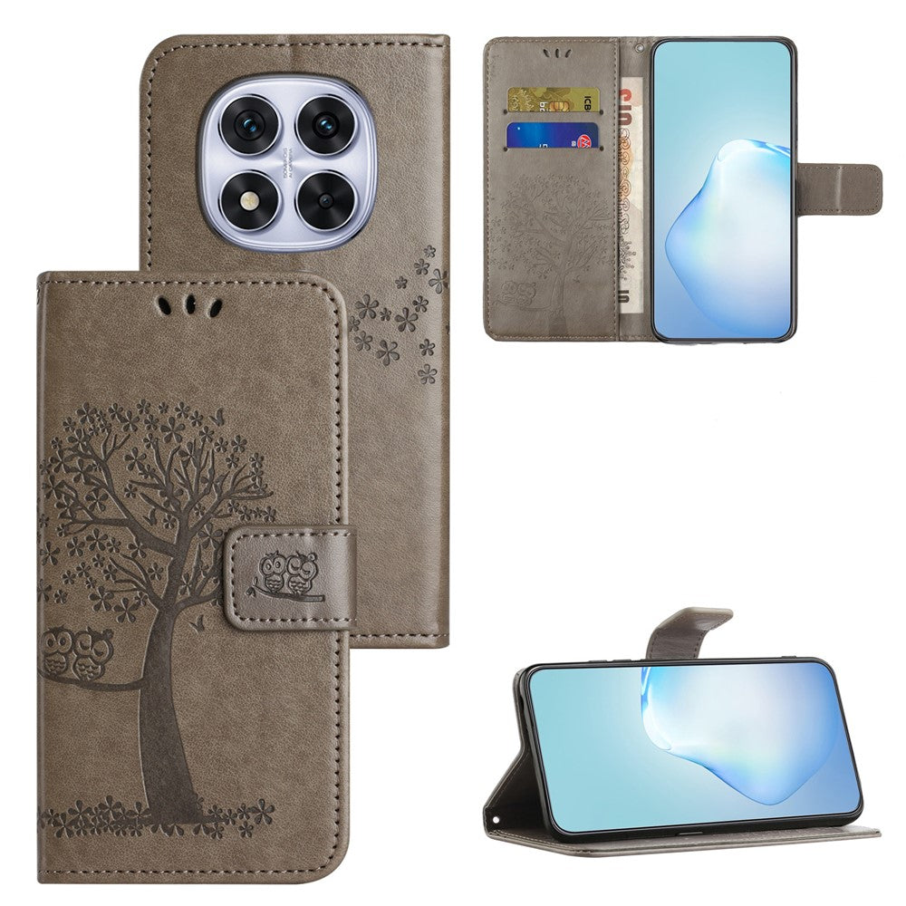 For Xiaomi Poco M8 Pro 5G / Redmi Note 15 Pro+ 5G (Global) Case PU Leather Owl Tree Imprinted Wallet Phone Cover with Strap - Grey