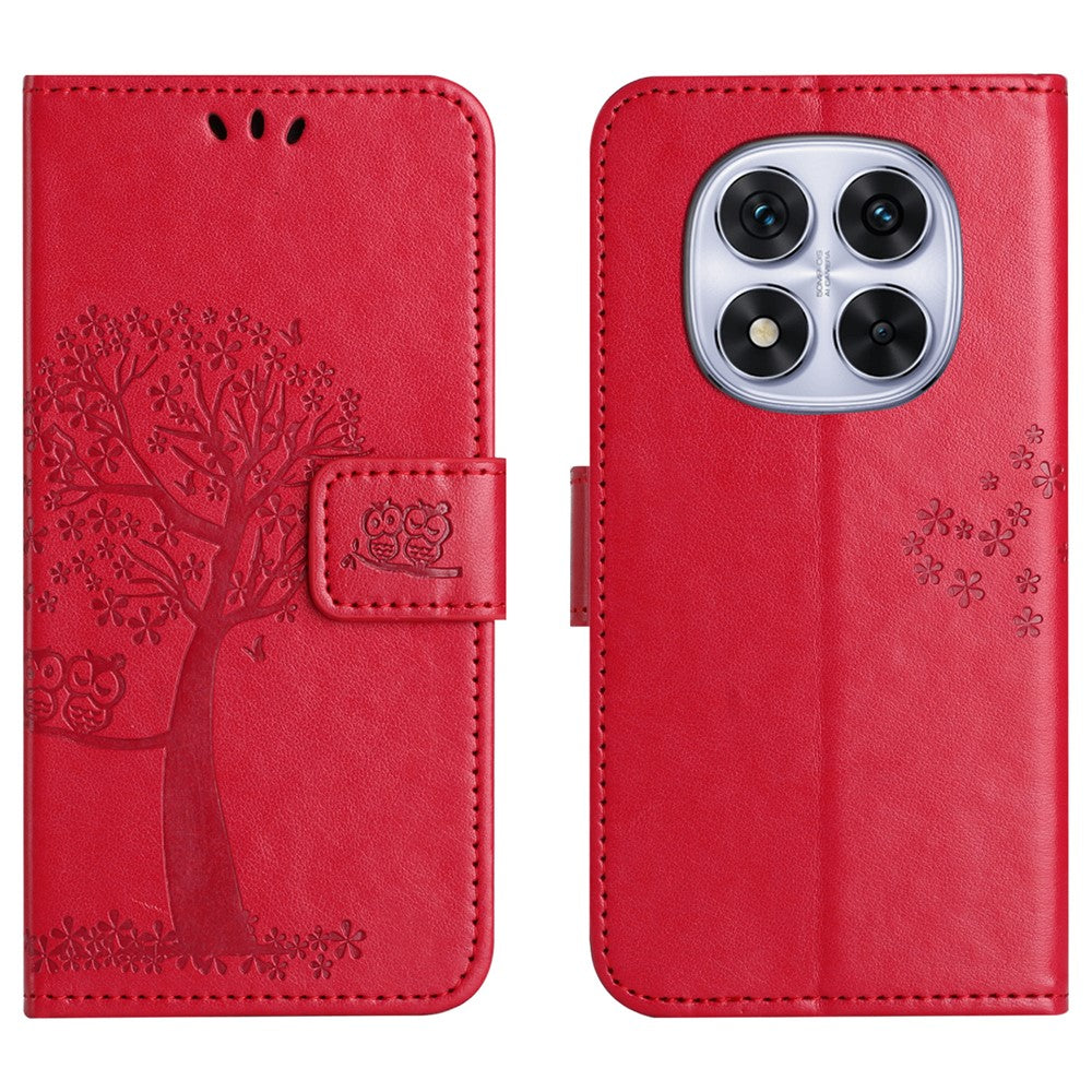 For Xiaomi Poco M8 Pro 5G / Redmi Note 15 Pro+ 5G (Global) Case PU Leather Owl Tree Imprinted Wallet Phone Cover with Strap - Red