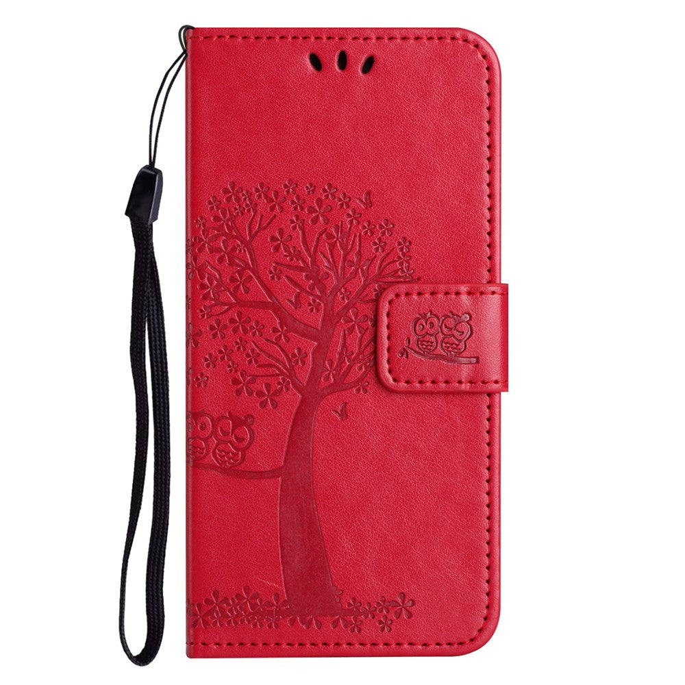 For Xiaomi Poco M8 Pro 5G / Redmi Note 15 Pro+ 5G (Global) Case PU Leather Owl Tree Imprinted Wallet Phone Cover with Strap - Red