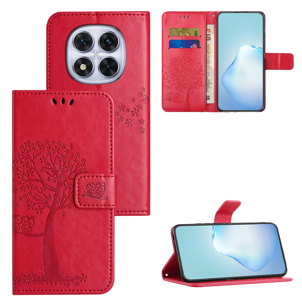 For Xiaomi Poco M8 Pro 5G / Redmi Note 15 Pro+ 5G (Global) Case PU Leather Owl Tree Imprinted Wallet Phone Cover with Strap - Red