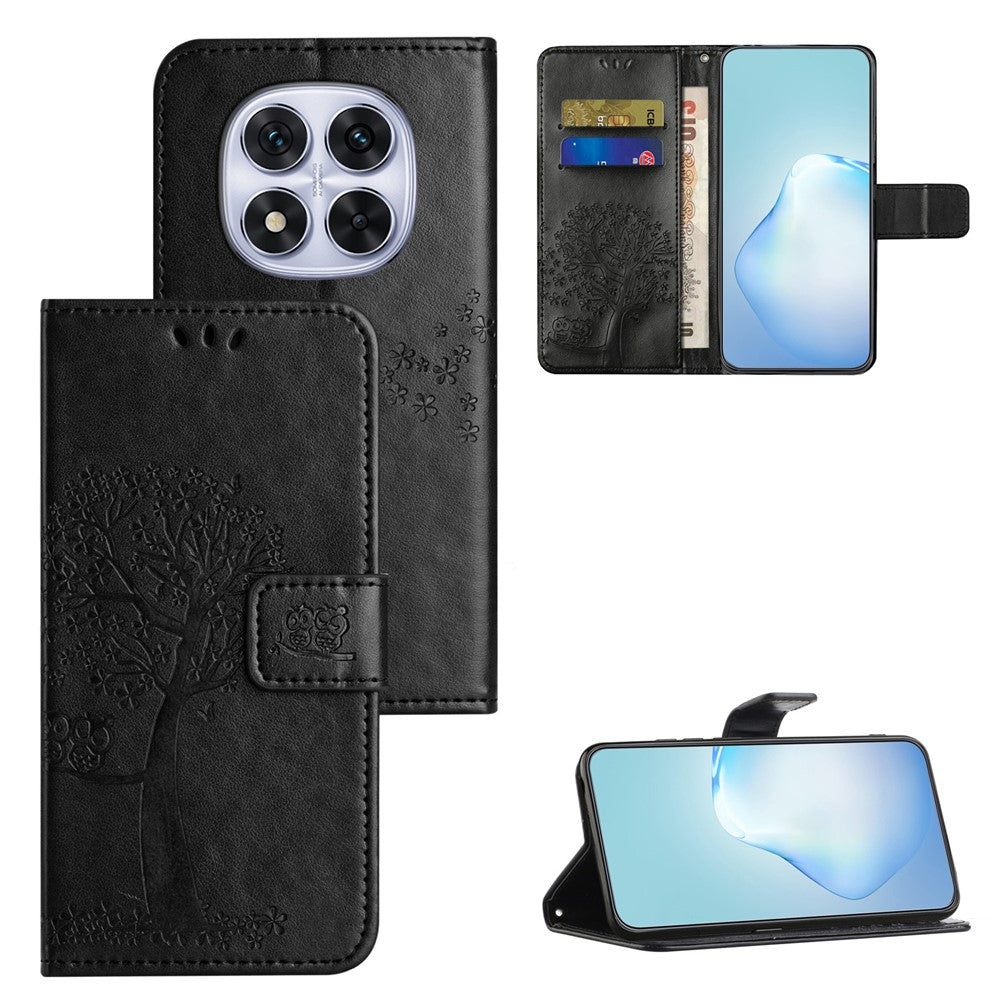 For Xiaomi Poco M8 Pro 5G / Redmi Note 15 Pro+ 5G (Global) Case PU Leather Owl Tree Imprinted Wallet Phone Cover with Strap - Black