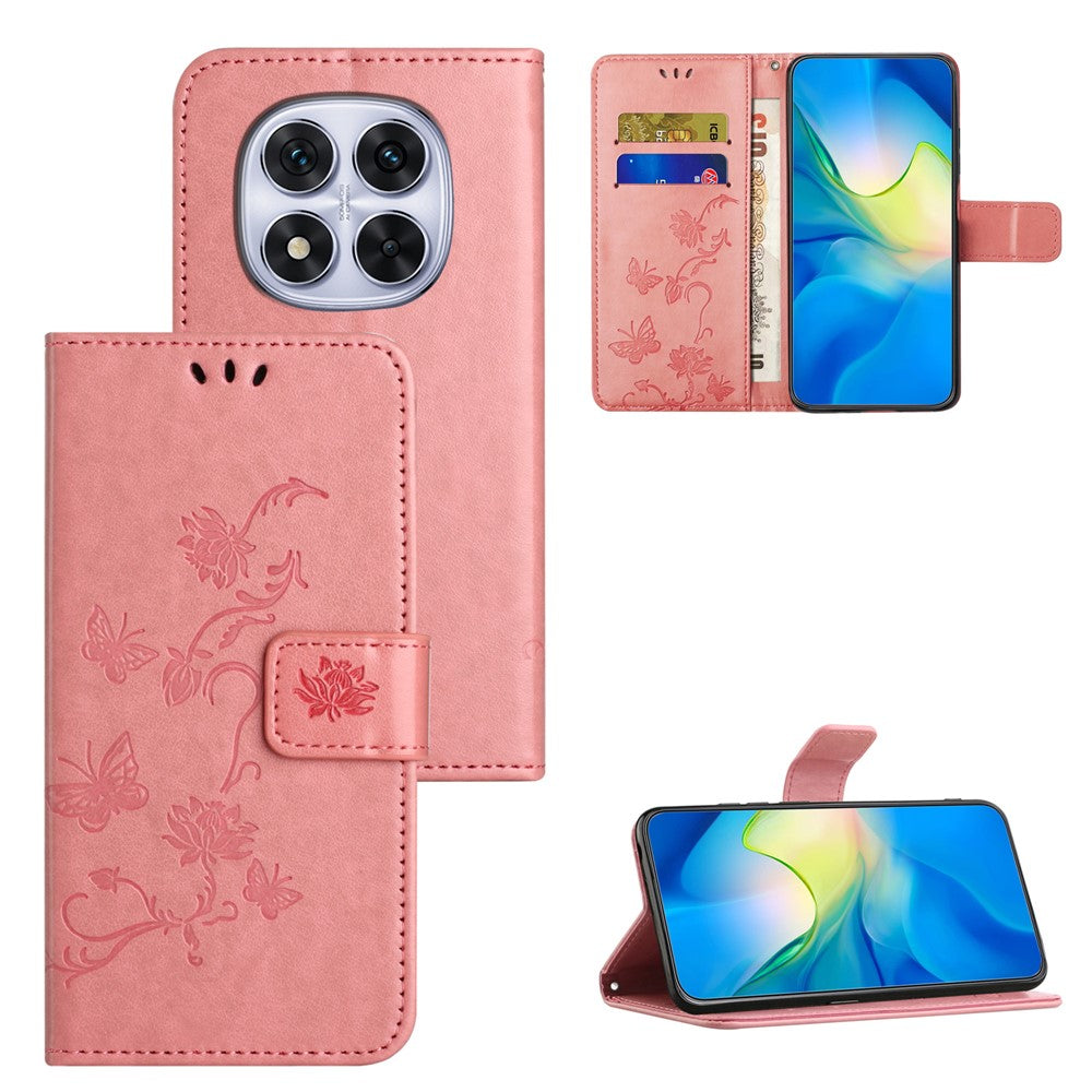 For Xiaomi Redmi Note 15 Pro 5G (Global) Case Wallet Stand Imprinted Butterfly Flower PU Leather Phone Cover - Pink