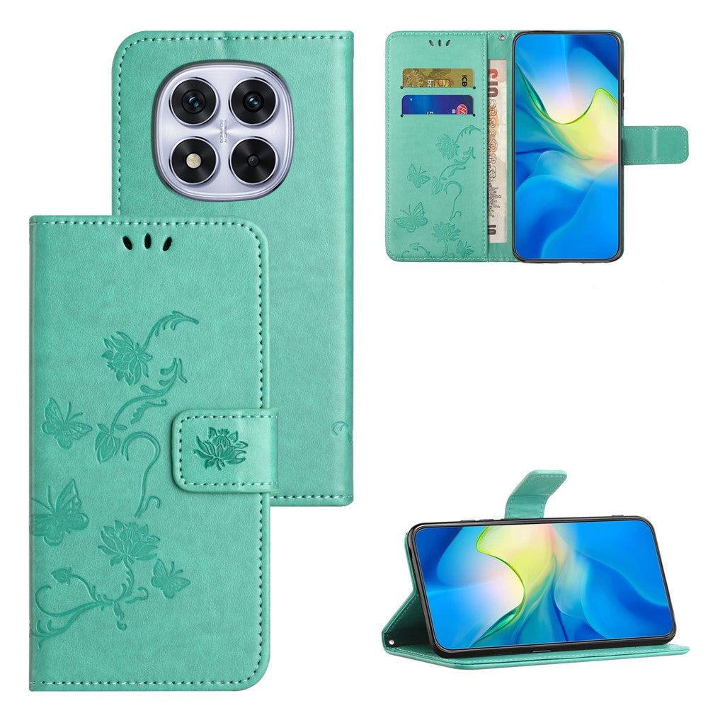 For Xiaomi Redmi Note 15 Pro 5G (Global) Case Wallet Stand Imprinted Butterfly Flower PU Leather Phone Cover - Cyan