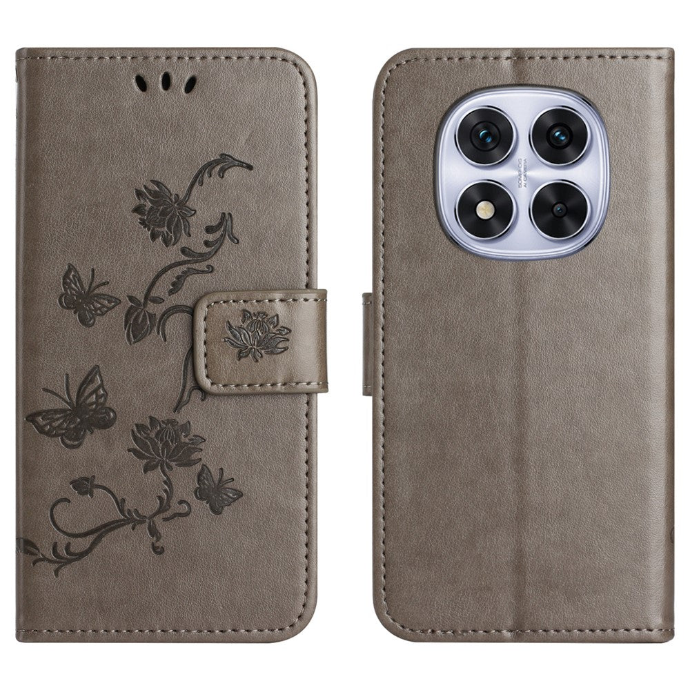 For Xiaomi Redmi Note 15 Pro 5G (Global) Case Wallet Stand Imprinted Butterfly Flower PU Leather Phone Cover - Grey