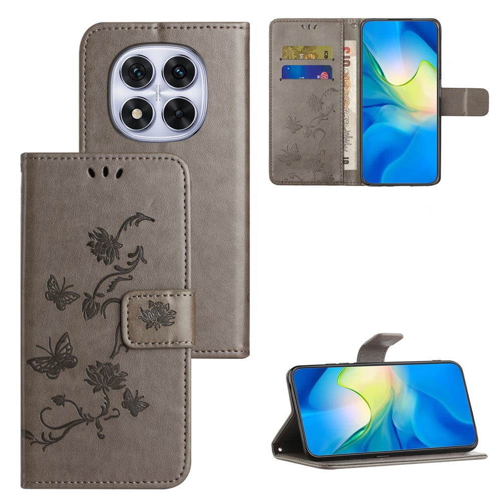 For Xiaomi Redmi Note 15 Pro 5G (Global) Case Wallet Stand Imprinted Butterfly Flower PU Leather Phone Cover - Grey