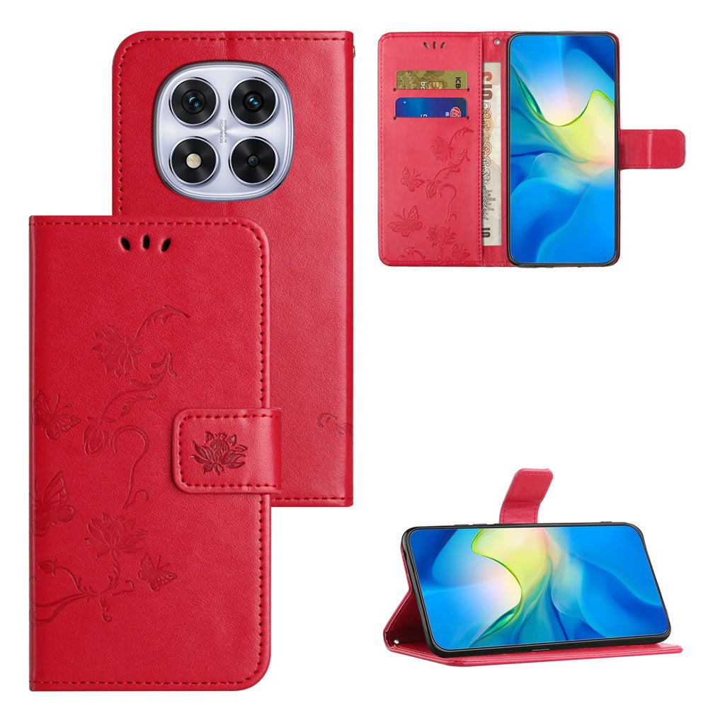 For Xiaomi Redmi Note 15 Pro 5G (Global) Case Wallet Stand Imprinted Butterfly Flower PU Leather Phone Cover - Red