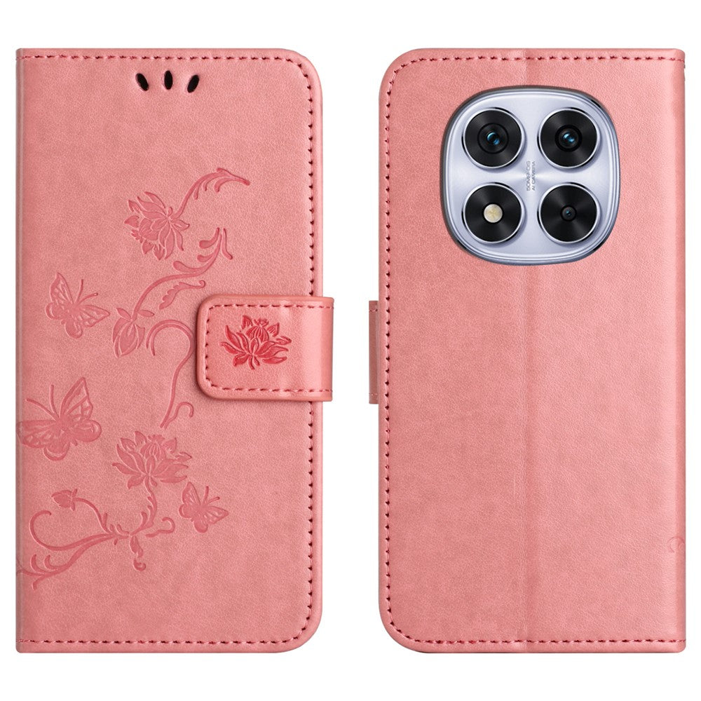 For Xiaomi Poco M8 Pro 5G / Redmi Note 15 Pro+ 5G (Global) Case Wallet Stand Imprinted Butterfly Flower PU Leather Phone Cover - Pink