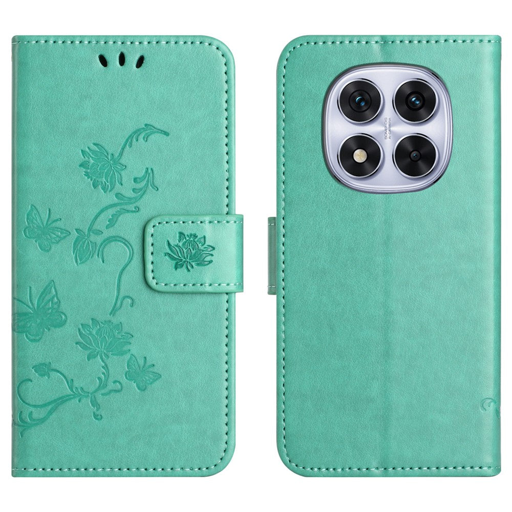 For Xiaomi Poco M8 Pro 5G / Redmi Note 15 Pro+ 5G (Global) Case Wallet Stand Imprinted Butterfly Flower PU Leather Phone Cover - Cyan