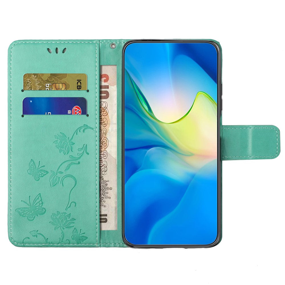 For Xiaomi Poco M8 Pro 5G / Redmi Note 15 Pro+ 5G (Global) Case Wallet Stand Imprinted Butterfly Flower PU Leather Phone Cover - Cyan
