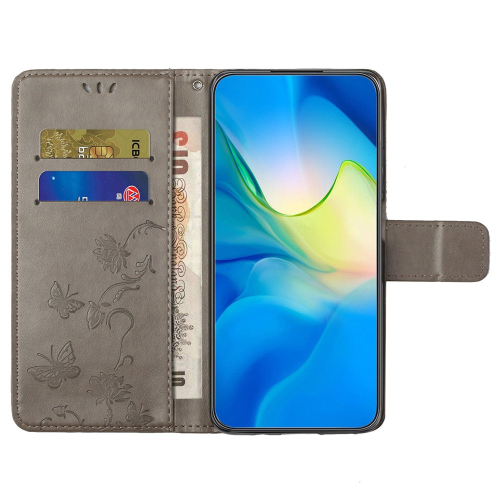 For Xiaomi Poco M8 Pro 5G / Redmi Note 15 Pro+ 5G (Global) Case Wallet Stand Imprinted Butterfly Flower PU Leather Phone Cover - Grey
