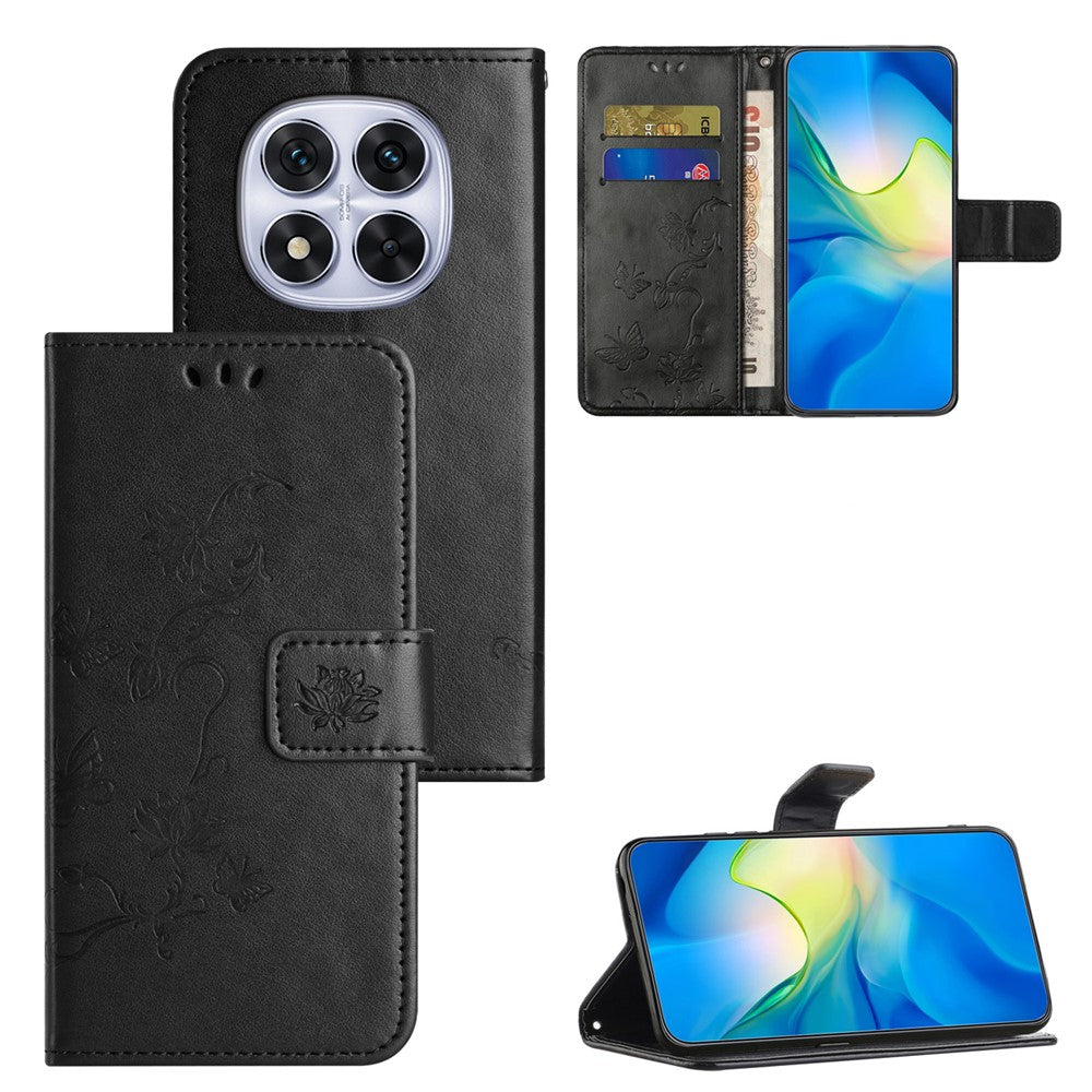 For Xiaomi Poco M8 Pro 5G / Redmi Note 15 Pro+ 5G (Global) Case Wallet Stand Imprinted Butterfly Flower PU Leather Phone Cover - Black