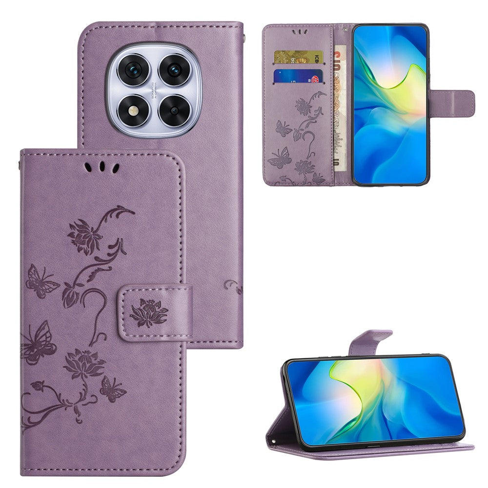 For Xiaomi Poco M8 Pro 5G / Redmi Note 15 Pro+ 5G (Global) Case Wallet Stand Imprinted Butterfly Flower PU Leather Phone Cover - Purple
