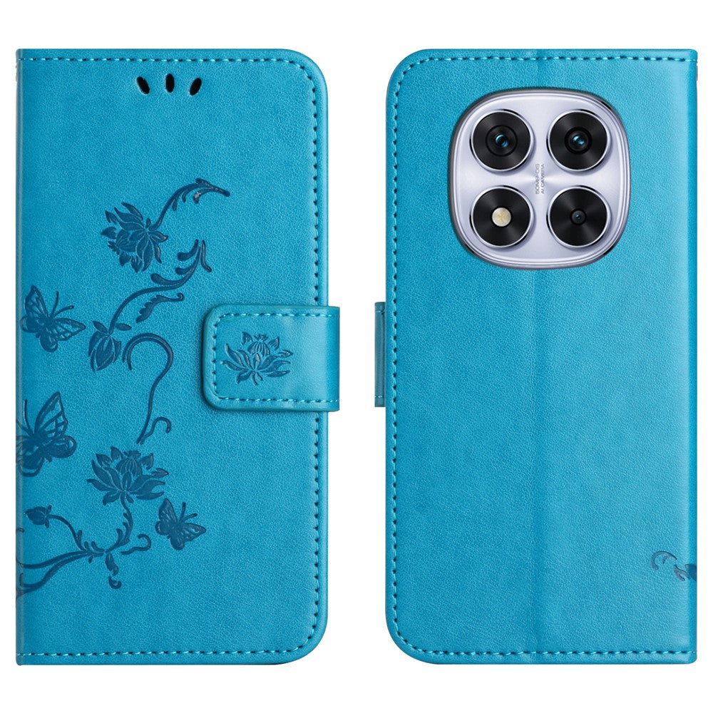 For Xiaomi Poco M8 Pro 5G / Redmi Note 15 Pro+ 5G (Global) Case Wallet Stand Imprinted Butterfly Flower PU Leather Phone Cover - Blue