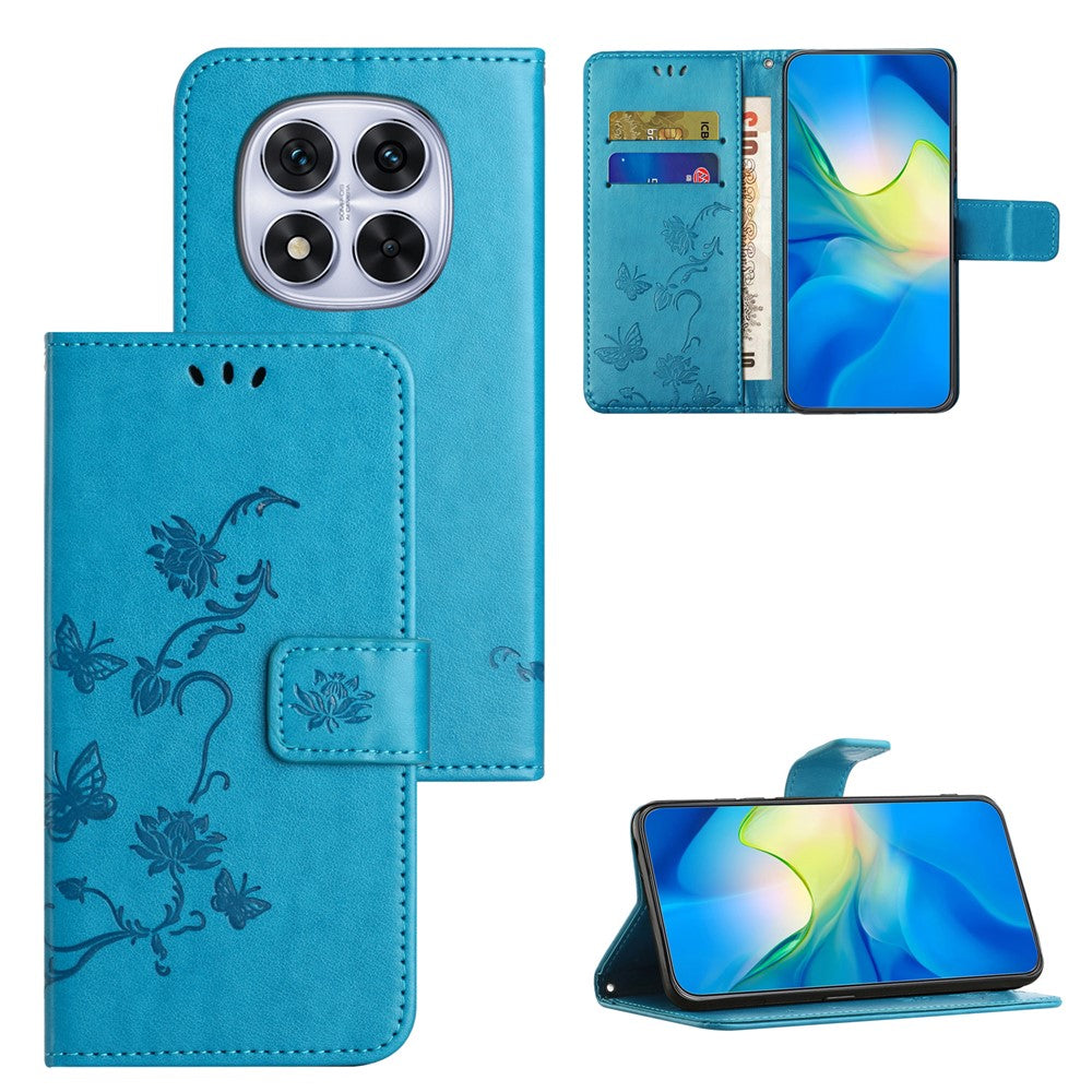For Xiaomi Poco M8 Pro 5G / Redmi Note 15 Pro+ 5G (Global) Case Wallet Stand Imprinted Butterfly Flower PU Leather Phone Cover - Blue