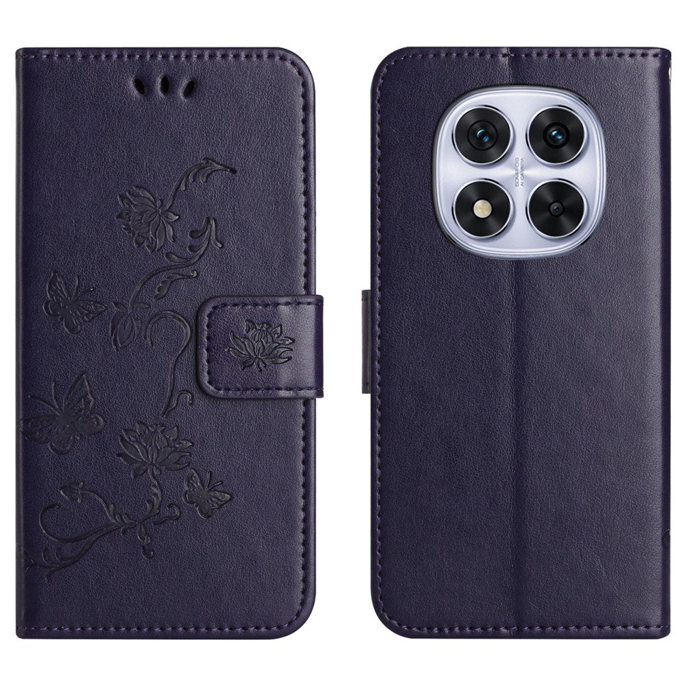 For Xiaomi Poco M8 Pro 5G / Redmi Note 15 Pro+ 5G (Global) Case Wallet Stand Imprinted Butterfly Flower PU Leather Phone Cover - Dark Blue