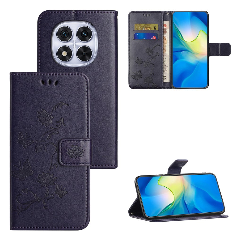 For Xiaomi Poco M8 Pro 5G / Redmi Note 15 Pro+ 5G (Global) Case Wallet Stand Imprinted Butterfly Flower PU Leather Phone Cover - Dark Blue