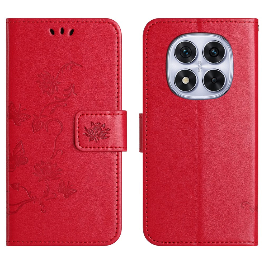 For Xiaomi Poco M8 Pro 5G / Redmi Note 15 Pro+ 5G (Global) Case Wallet Stand Imprinted Butterfly Flower PU Leather Phone Cover - Red