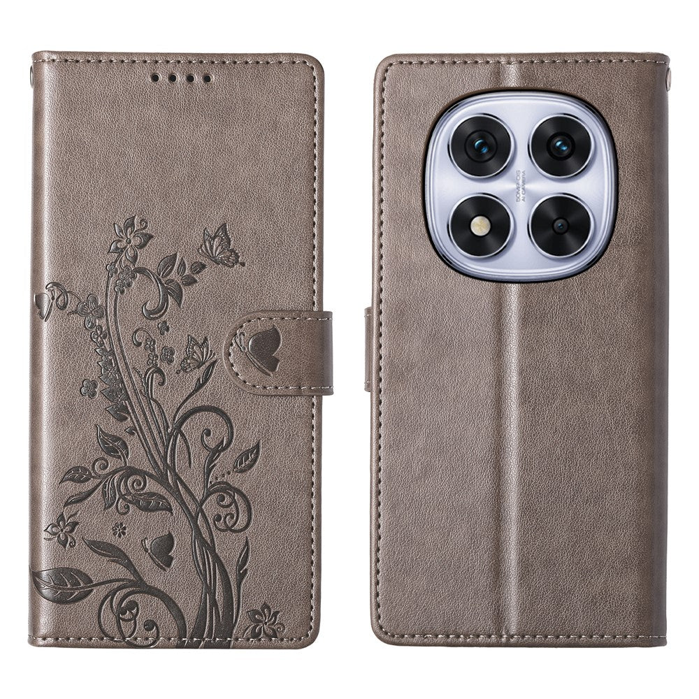 For Xiaomi Redmi Note 15 Pro 5G (Global) Wallet Case Butterfly Floral Imprint PU Leather Phone Cover with Wrist Strap - Purple - Grey
