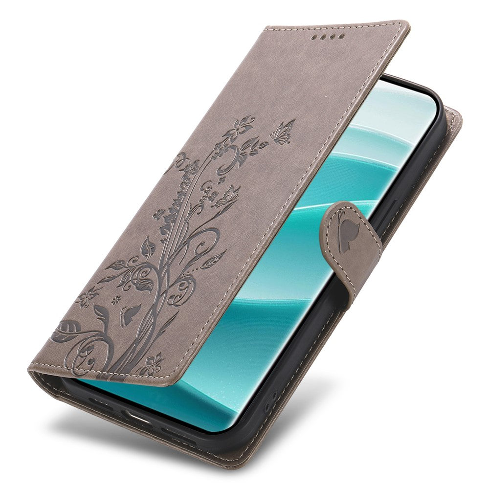 For Xiaomi Redmi Note 15 Pro 5G (Global) Wallet Case Butterfly Floral Imprint PU Leather Phone Cover with Wrist Strap - Purple - Grey