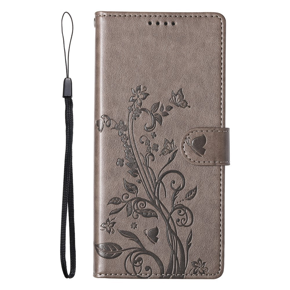 For Xiaomi Redmi Note 15 Pro 5G (Global) Wallet Case Butterfly Floral Imprint PU Leather Phone Cover with Wrist Strap - Purple - Grey