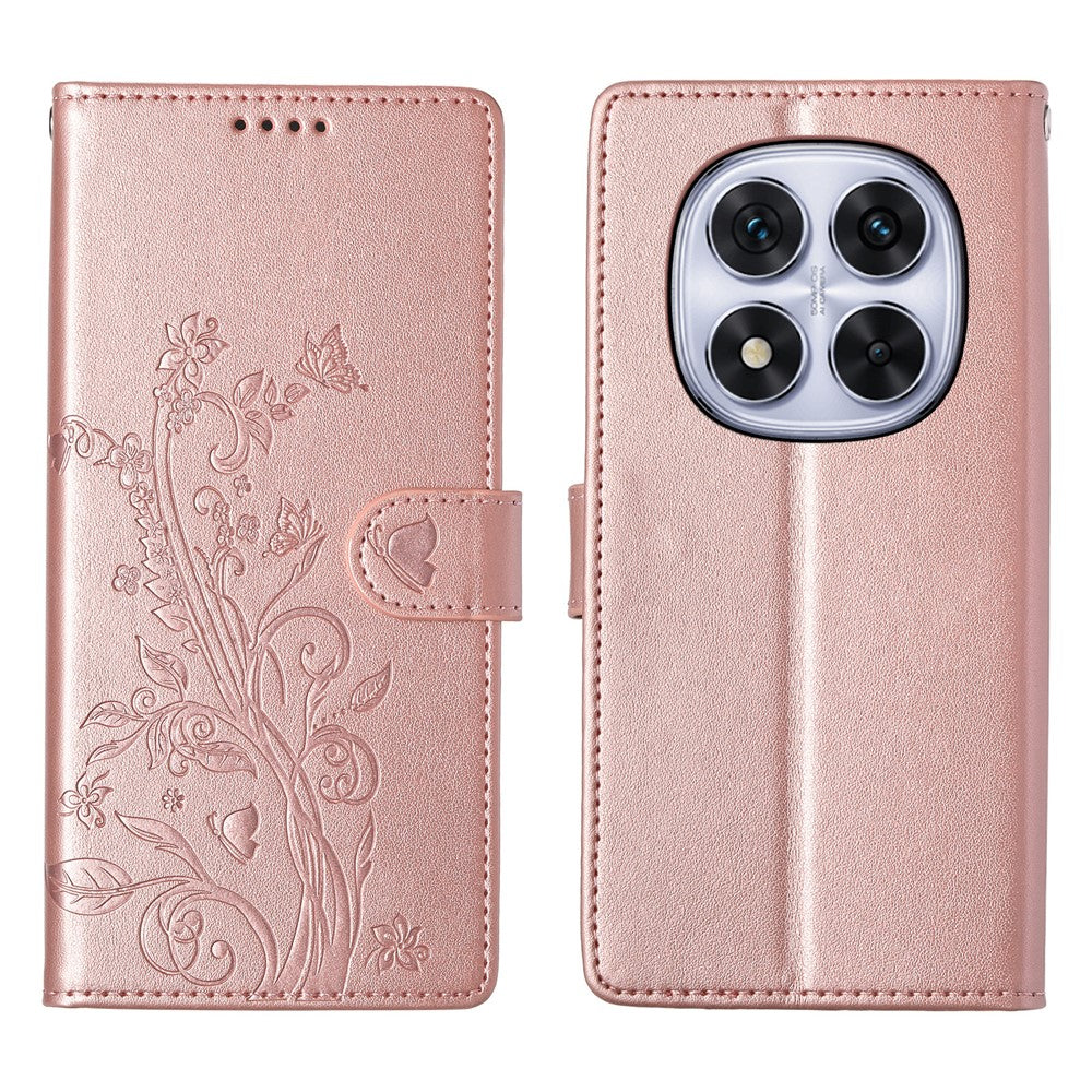 For Xiaomi Redmi Note 15 Pro 5G (Global) Wallet Case Butterfly Floral Imprint PU Leather Phone Cover with Wrist Strap - Purple - Rose Gold