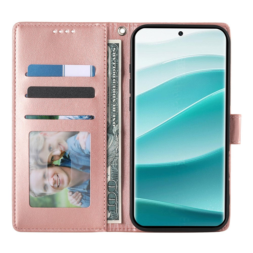 For Xiaomi Redmi Note 15 Pro 5G (Global) Wallet Case Butterfly Floral Imprint PU Leather Phone Cover with Wrist Strap - Purple - Rose Gold