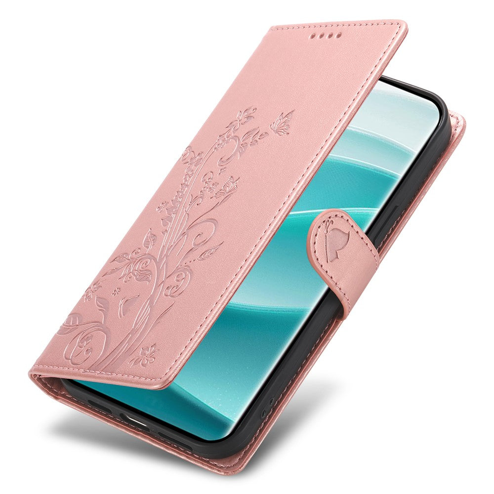 For Xiaomi Redmi Note 15 Pro 5G (Global) Wallet Case Butterfly Floral Imprint PU Leather Phone Cover with Wrist Strap - Purple - Rose Gold
