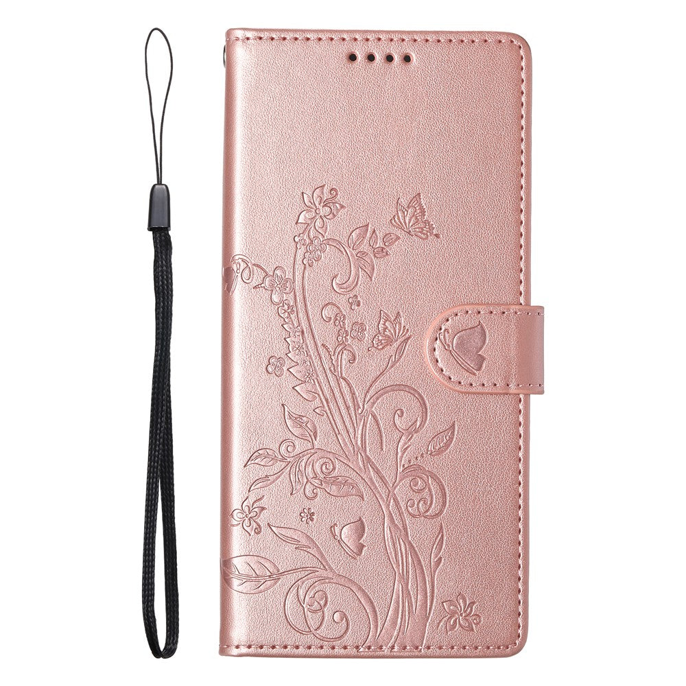 For Xiaomi Redmi Note 15 Pro 5G (Global) Wallet Case Butterfly Floral Imprint PU Leather Phone Cover with Wrist Strap - Purple - Rose Gold