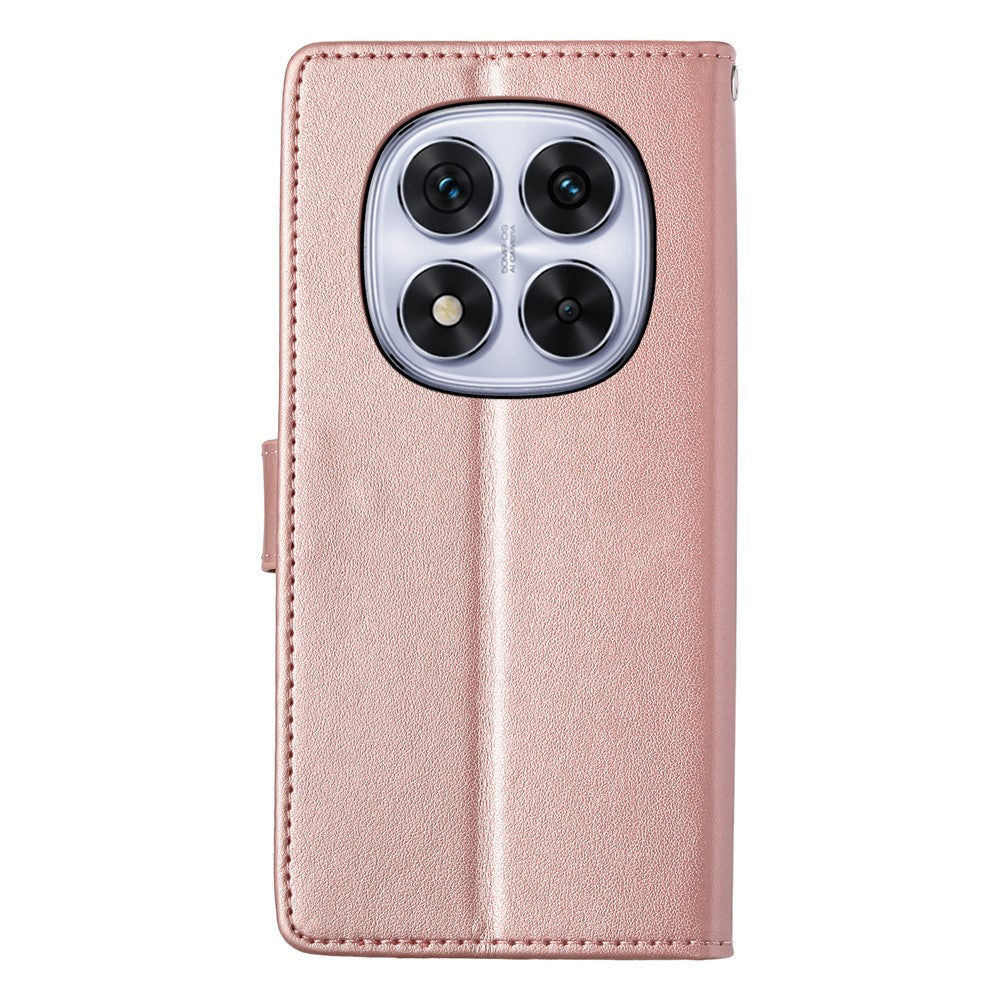 For Xiaomi Redmi Note 15 Pro 5G (Global) Wallet Case Butterfly Floral Imprint PU Leather Phone Cover with Wrist Strap - Purple - Rose Gold