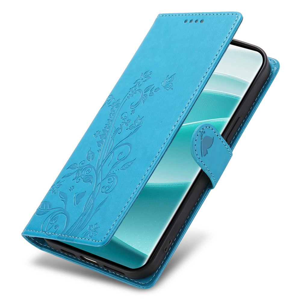 For Xiaomi Redmi Note 15 Pro 5G (Global) Wallet Case Butterfly Floral Imprint PU Leather Phone Cover with Wrist Strap - Purple - Blue