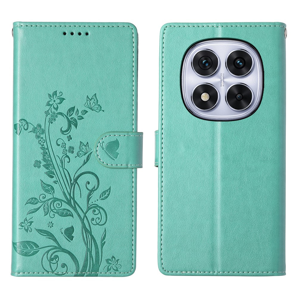 For Xiaomi Redmi Note 15 Pro 5G (Global) Wallet Case Butterfly Floral Imprint PU Leather Phone Cover with Wrist Strap - Purple - Green