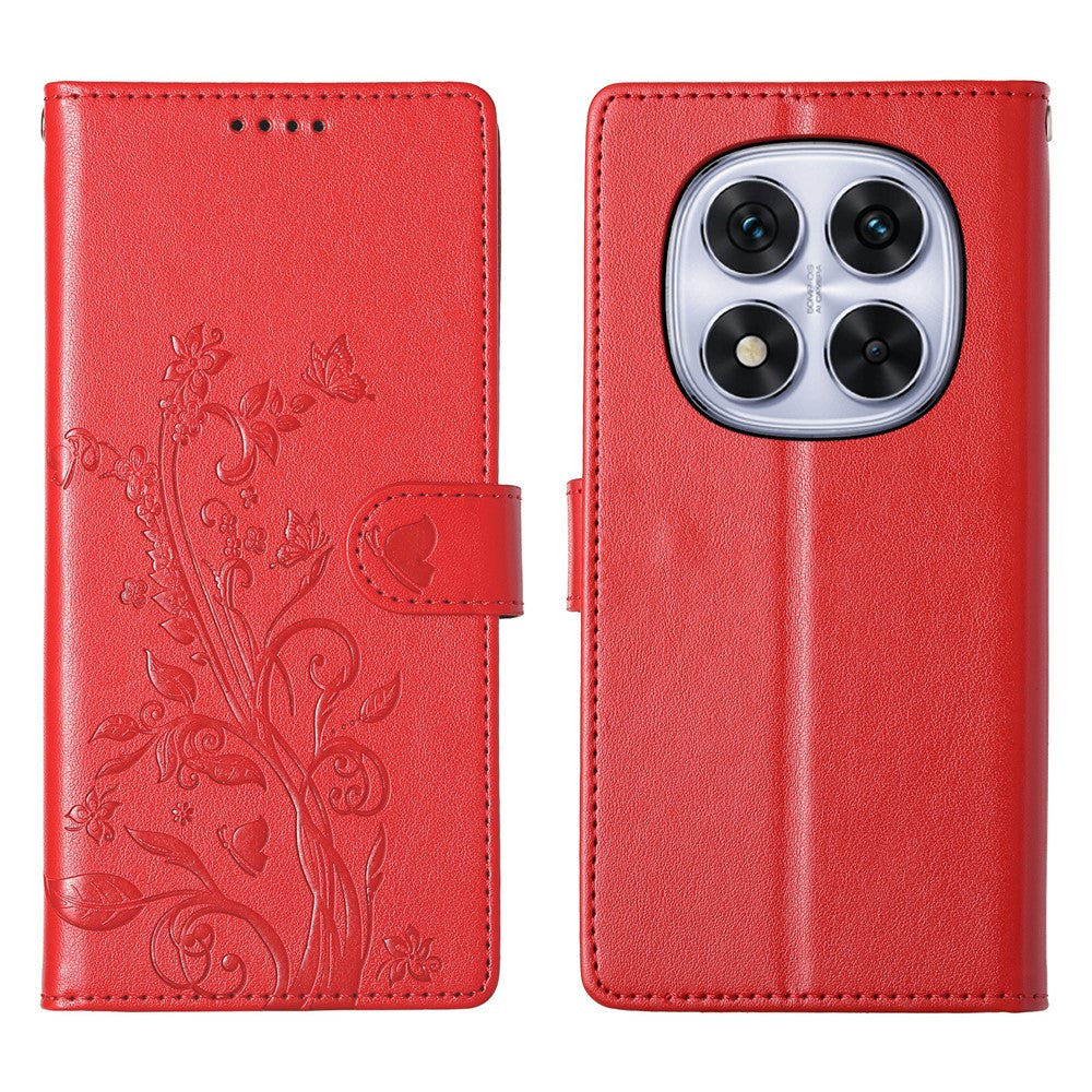For Xiaomi Redmi Note 15 Pro 5G (Global) Wallet Case Butterfly Floral Imprint PU Leather Phone Cover with Wrist Strap - Purple - Red