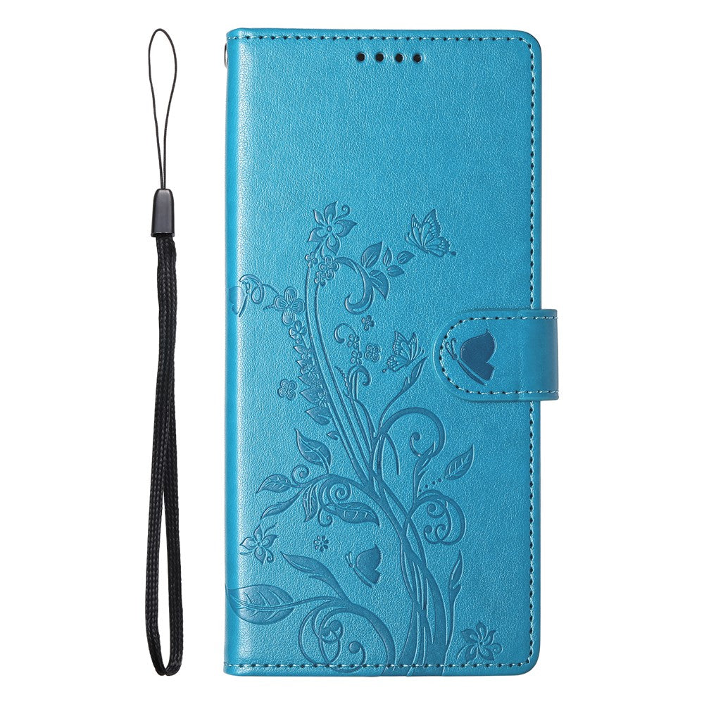 For Xiaomi Poco M8 Pro 5G / Redmi Note 15 Pro+ 5G (Global) Wallet Case Butterfly Floral Imprint PU Leather Phone Cover with Wrist Strap - Purple - Blue