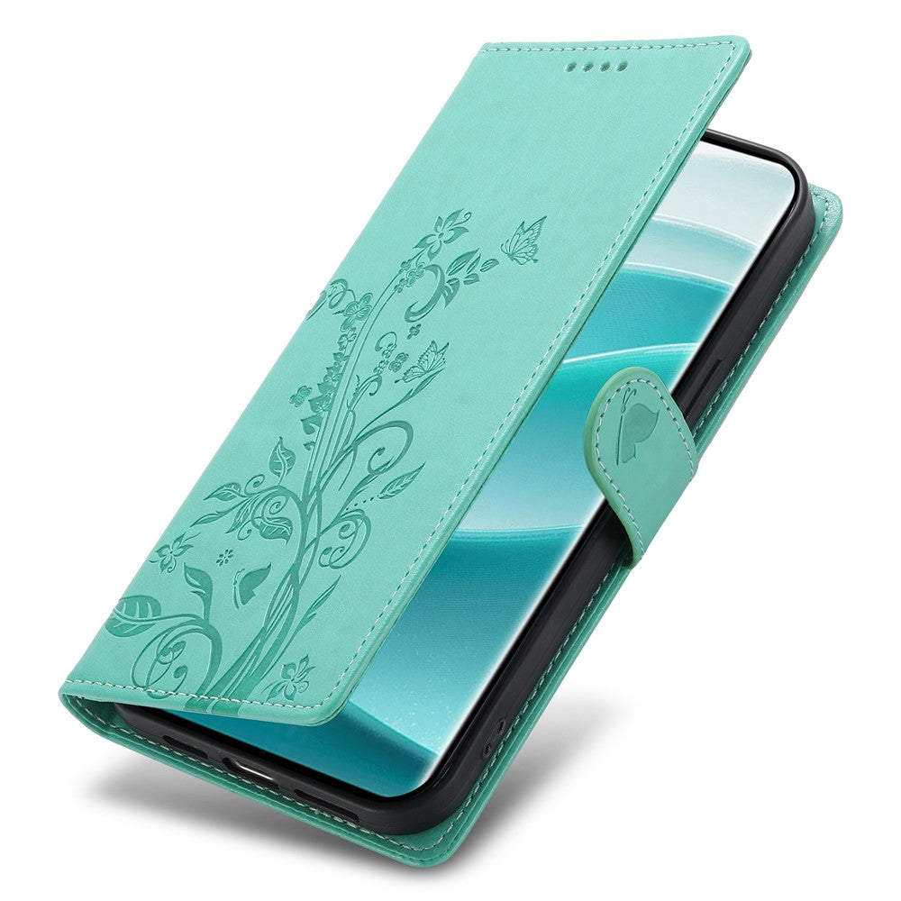 For Xiaomi Poco M8 Pro 5G / Redmi Note 15 Pro+ 5G (Global) Wallet Case Butterfly Floral Imprint PU Leather Phone Cover with Wrist Strap - Purple - Green