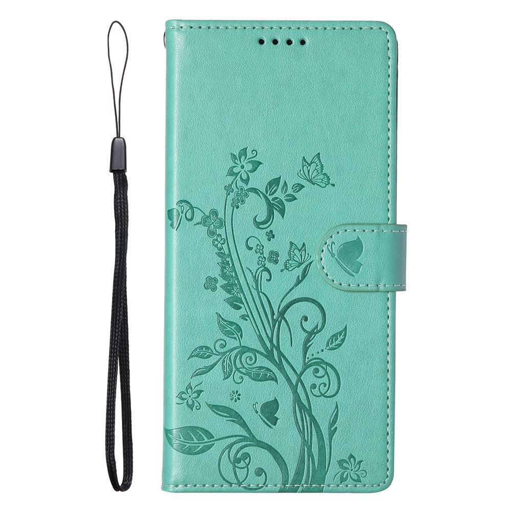 For Xiaomi Poco M8 Pro 5G / Redmi Note 15 Pro+ 5G (Global) Wallet Case Butterfly Floral Imprint PU Leather Phone Cover with Wrist Strap - Purple - Green