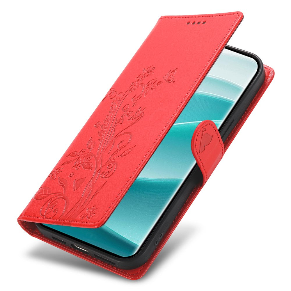 For Xiaomi Poco M8 Pro 5G / Redmi Note 15 Pro+ 5G (Global) Wallet Case Butterfly Floral Imprint PU Leather Phone Cover with Wrist Strap - Purple - Red
