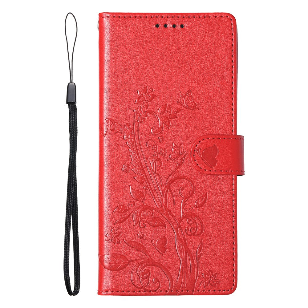 For Xiaomi Poco M8 Pro 5G / Redmi Note 15 Pro+ 5G (Global) Wallet Case Butterfly Floral Imprint PU Leather Phone Cover with Wrist Strap - Purple - Red