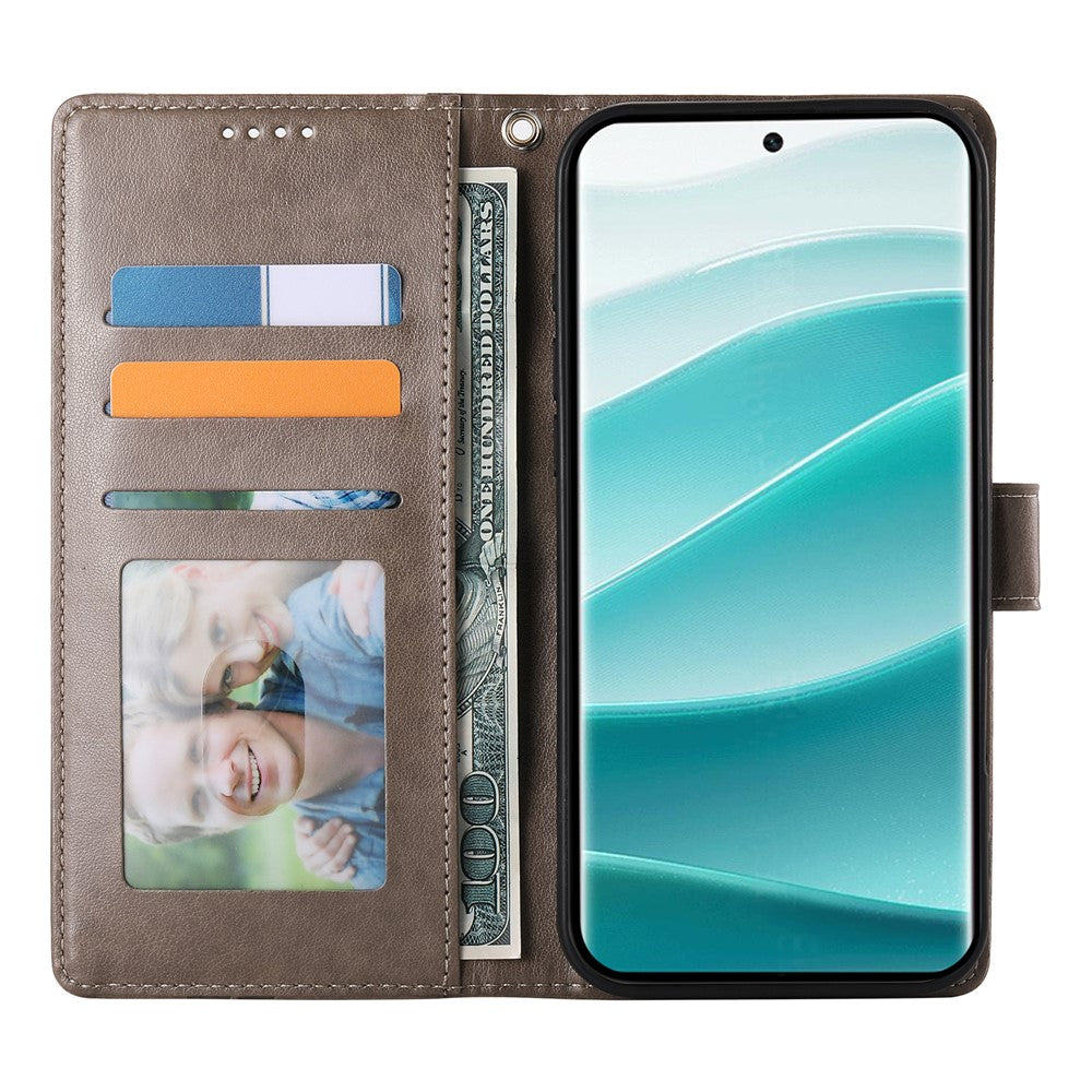 For Xiaomi Poco M8 Pro 5G / Redmi Note 15 Pro+ 5G (Global) Wallet Case Butterfly Floral Imprint PU Leather Phone Cover with Wrist Strap - Purple - Grey