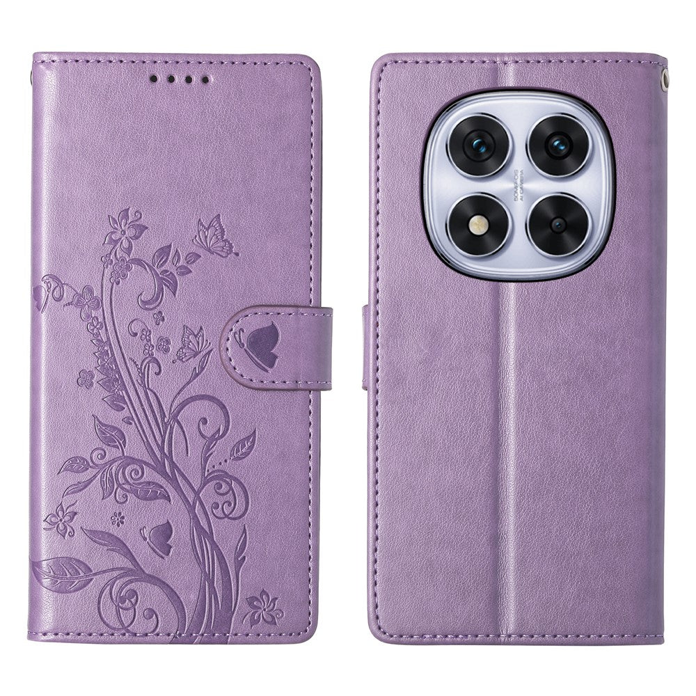 For Xiaomi Poco M8 Pro 5G / Redmi Note 15 Pro+ 5G (Global) Wallet Case Butterfly Floral Imprint PU Leather Phone Cover with Wrist Strap - Purple - Purple
