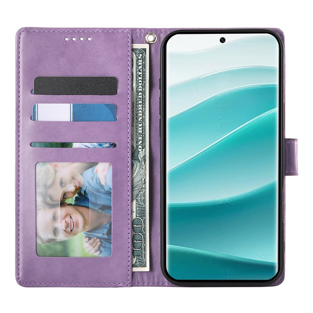 For Xiaomi Poco M8 Pro 5G / Redmi Note 15 Pro+ 5G (Global) Wallet Case Butterfly Floral Imprint PU Leather Phone Cover with Wrist Strap - Purple - Purple