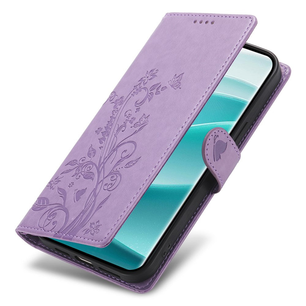 For Xiaomi Poco M8 Pro 5G / Redmi Note 15 Pro+ 5G (Global) Wallet Case Butterfly Floral Imprint PU Leather Phone Cover with Wrist Strap - Purple - Purple