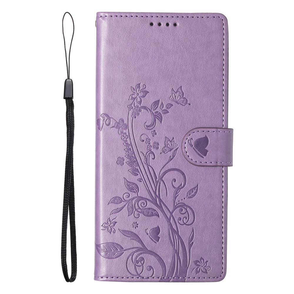 For Xiaomi Poco M8 Pro 5G / Redmi Note 15 Pro+ 5G (Global) Wallet Case Butterfly Floral Imprint PU Leather Phone Cover with Wrist Strap - Purple - Purple