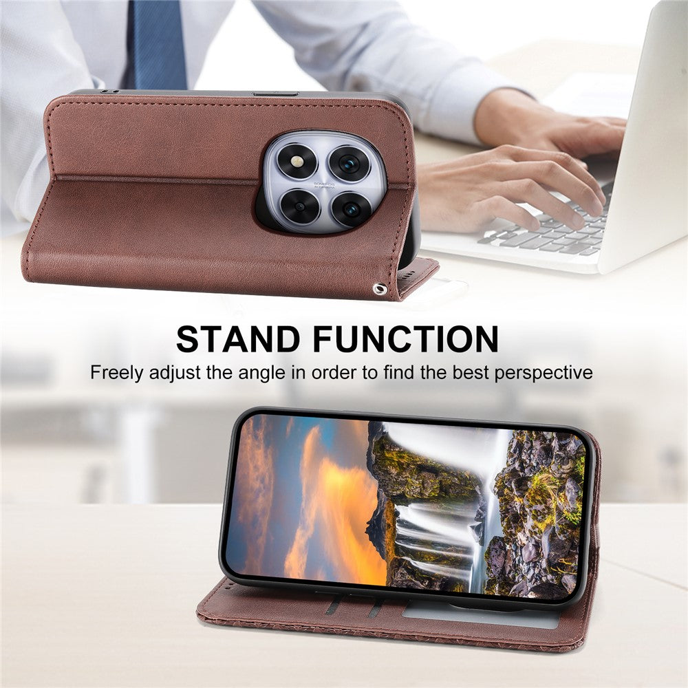 For Xiaomi Redmi Note 15 Pro 5G (Global) Case Calf Texture PU Leather Wallet Phone Cover with Wrist Strap - Brown