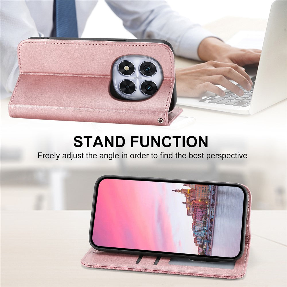 For Xiaomi Poco M8 Pro 5G / Redmi Note 15 Pro+ 5G (Global) Case Calf Texture PU Leather Wallet Phone Cover with Wrist Strap - Rose Gold